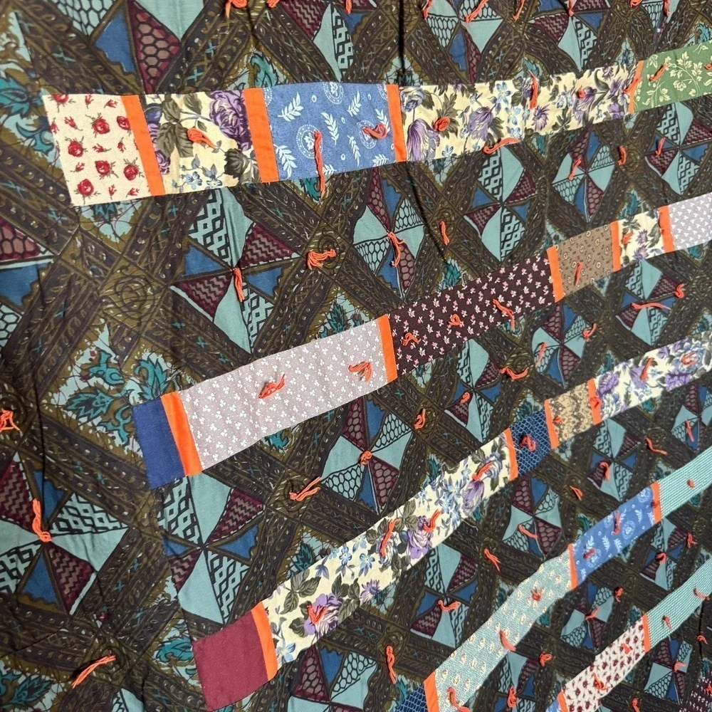 Handmade Tied Patchwork Quilt Geometric Floral Batik‎ Multi Color 56x74 Bohemian